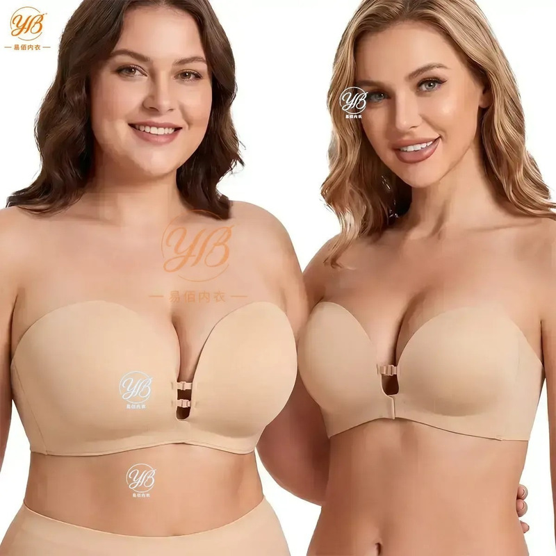 Foreign Trade Cross-Border Plus-Size Strapless Front-Clasp Bra for Women, with Push-Up Pads, Non-Slip, Wireless, Supportive, Seamless Bra