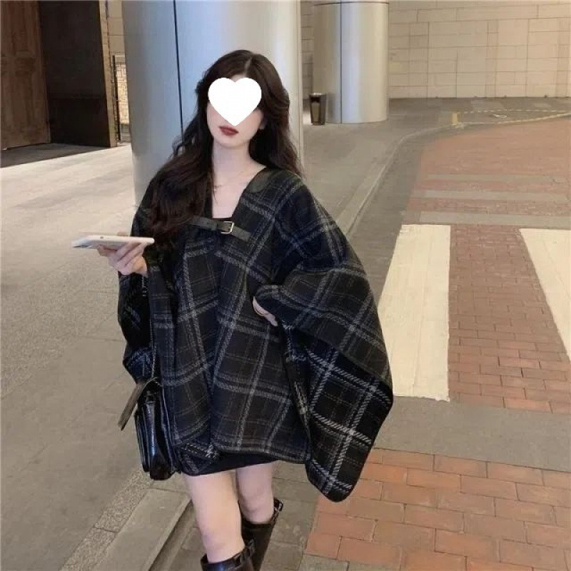 小香风黑色中长款格子毛呢外套女秋冬宽松百搭小个子斗篷披肩大衣|undefined