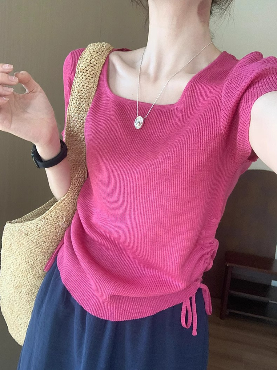 Áo phông cổ vuông dây rút hai bên tay ngắn phong cách Hàn Quốc — Màu đen, Màu mận, Màu xanh lam, Màu trắng