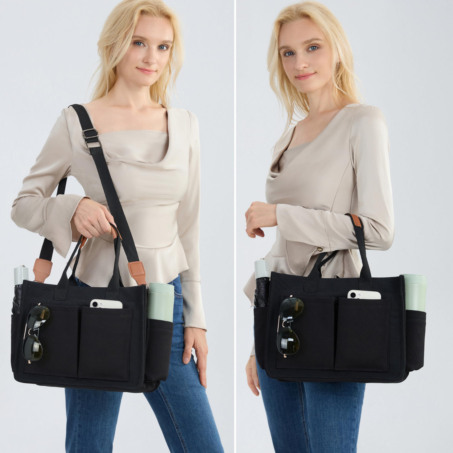 In-Stock Large Canvas Tote Bag with Pockets, Laptop Crossbody Bag, Wallet, Everyday Bag, Handbag