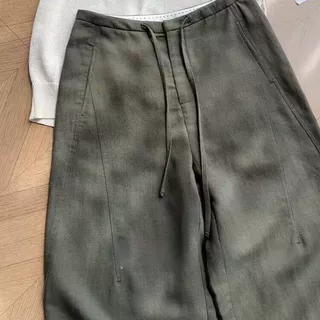 挚爱推荐！老钱风岩松绿亚麻裤女夏季新款通勤高腰宽松休闲阔腿裤