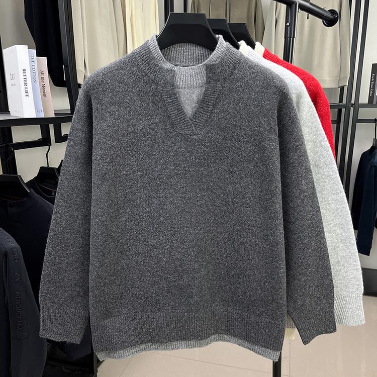 Falsos suéter de dos piezas de hombre otoño invierno V-collar contraste de moda top bottom casual suéter de punto suelto perezoso