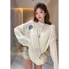 白色圆领套头镂空破洞毛衣女2025早秋季新韩版款宽松防晒针织罩衫