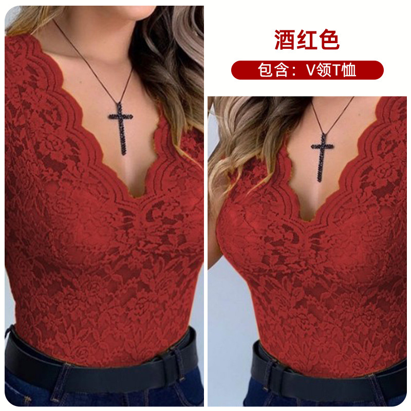 2024 deseo nuevo encaje con cuello en V camiseta sexy ver-a través de la parte superior B3067