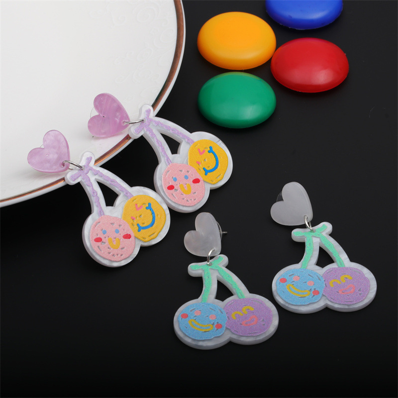 Pendientes tridimensionales de cerezo de amor transfronterizo europeo y americano pendientes de expresión facial acrílica de verano para mujer pendientes de mujer