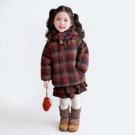 女童夹棉连帽呢大衣儿童秋冬加厚保暖外套女小童棉衣宝宝外出衣服