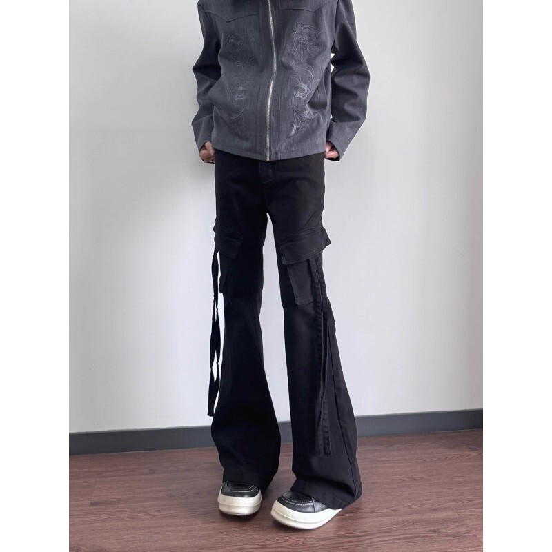 American High Street Retro Pure Black Vibe Elastic Ribbon Slimming Look Micro-Flared Cargo Pants Men's Jeans Pants