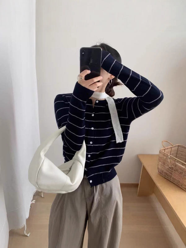 2025早秋新款撞色条纹简约针织开衫女六羊毛高级感时尚洋气上衣|undefined
