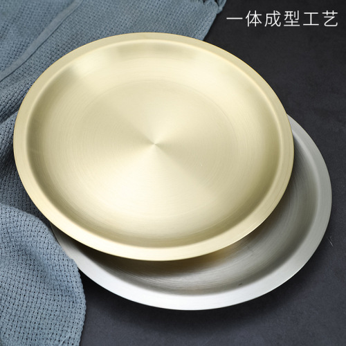 Korean 304 stainless steel round plate hot pot dish beef plate barbecue plate golden tray dinner plate barbecue plate tableware