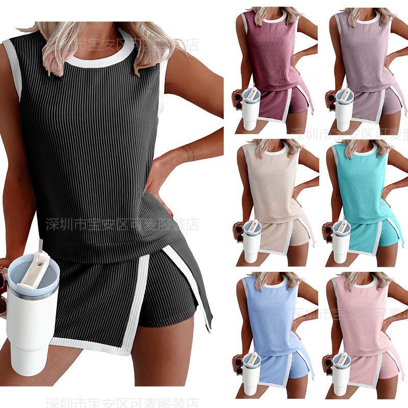 Amazon Cross-Border Foreign Trade European and American New Fashion and Comfortable Fitness Contrasting Color Slit Anti-Exposure Vest Suit for Women Amazon Cross-Border Foreign Trade European and American New Fashion and Comfortable Fitness Contrasting Color Slit Anti-Exposure Vest Suit for Women