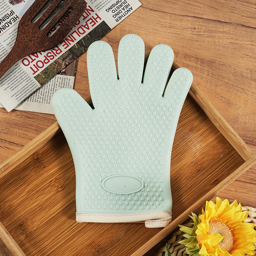 Cotton-lined and thickened microwave baking silicone heat-resistant gloves, oven heat-resistant high-temperature resistant five-finger kitchen insulating gloves