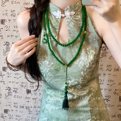 新中式绿色串珠子流苏项链女长款斜跨链毛衣链小众古风旗袍配饰品