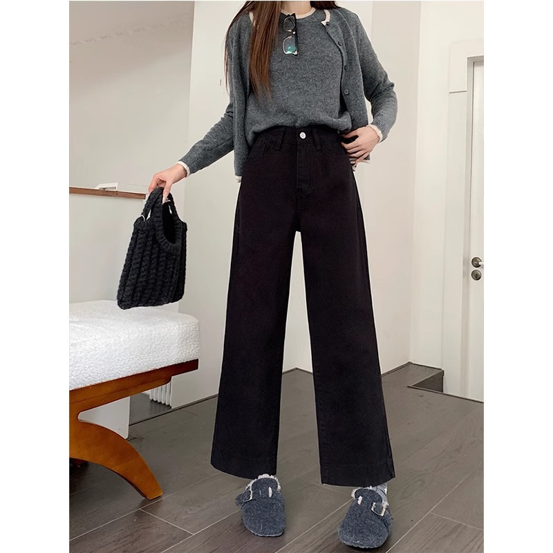 검은 직선 다리 청바지 여성의 가을 새로운 높은 허리 슬림 핏 자른 바지 통통녀 배 모양의 그림 캐주얼 와이드 레그 바지