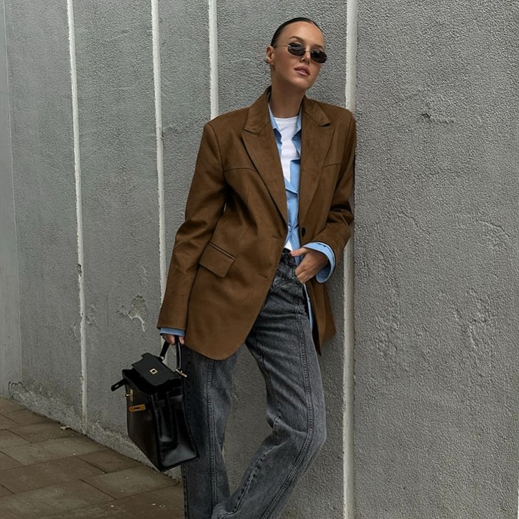 European and American 2026 New Autumn Retro Brown Suede Jacket for Women, Versatile Casual Blazer