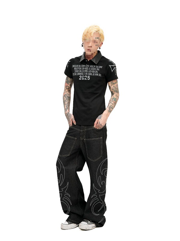 DETW 25ss*《20ERA》暗黑标语拼接PU皮POLO衫正肩修身短袖Tee|undefined