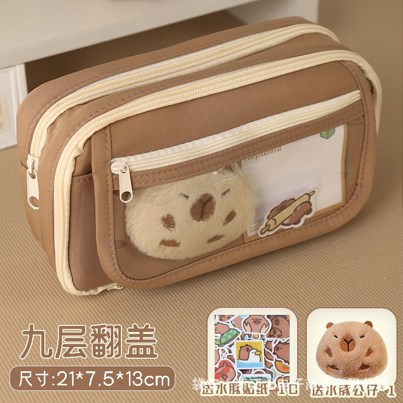 Estuche de lápices Capibara, nueve compartimentos, café Maillard, multifuncional