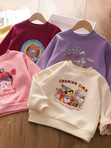 Girls' velvet round-neck sweatshirt, children's style cartoon all-in-one Austrian velvet warm casual pullover top, late autumn and winter