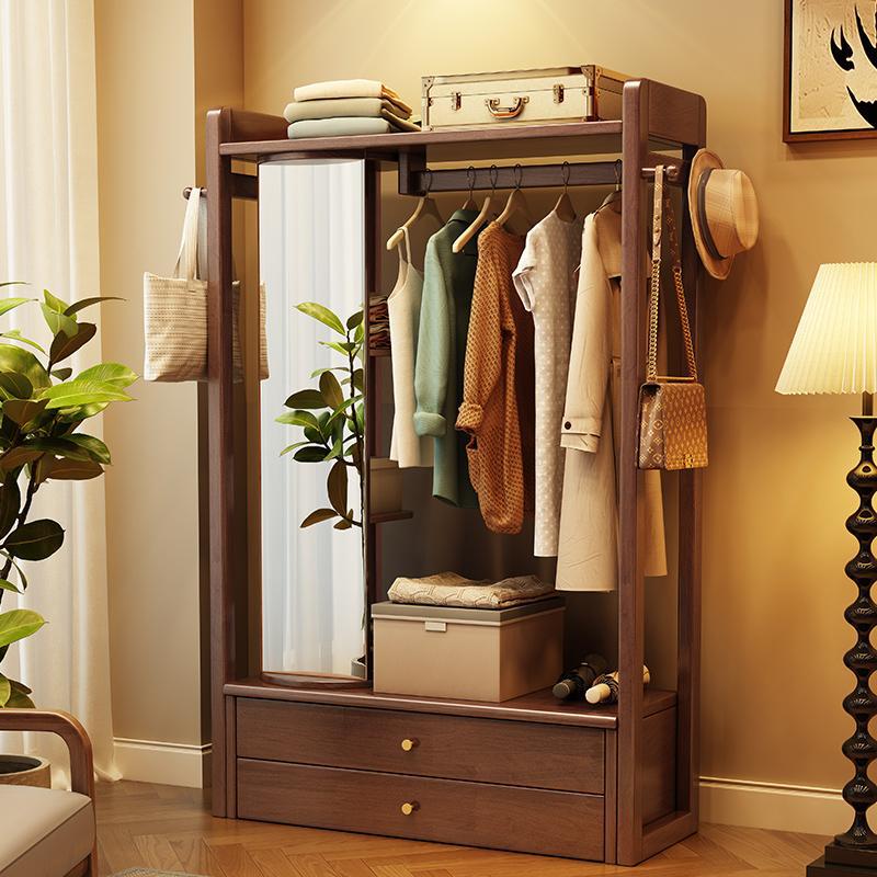 Rotatable Dressing Mirror, Integrated Floor-Standing Bedroom Solid Wood Coat Rack with Full-Length Mirror, Multi-Functional Storage Rack