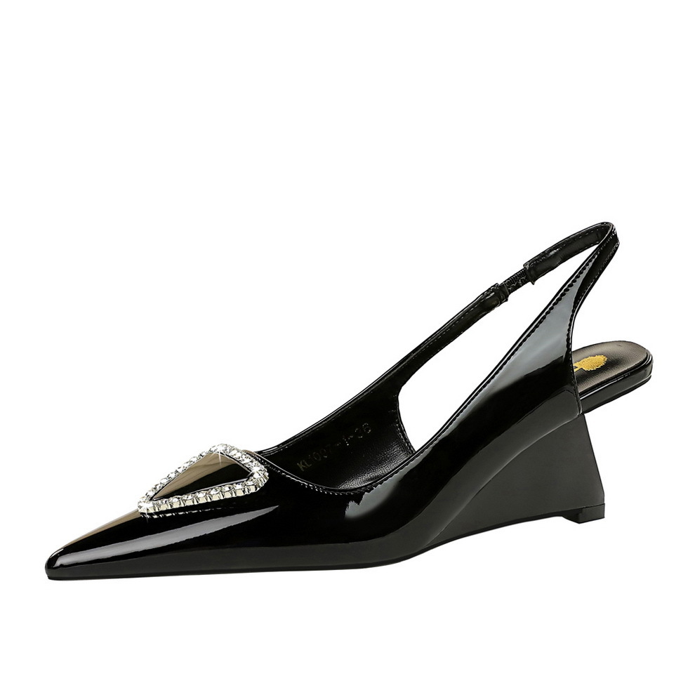 1097-K37 European and American banquet fashion women's shoes with high heels, sloping heels, glossy patent leather, rhinestone buckle, hollowed out back strap, single shoe