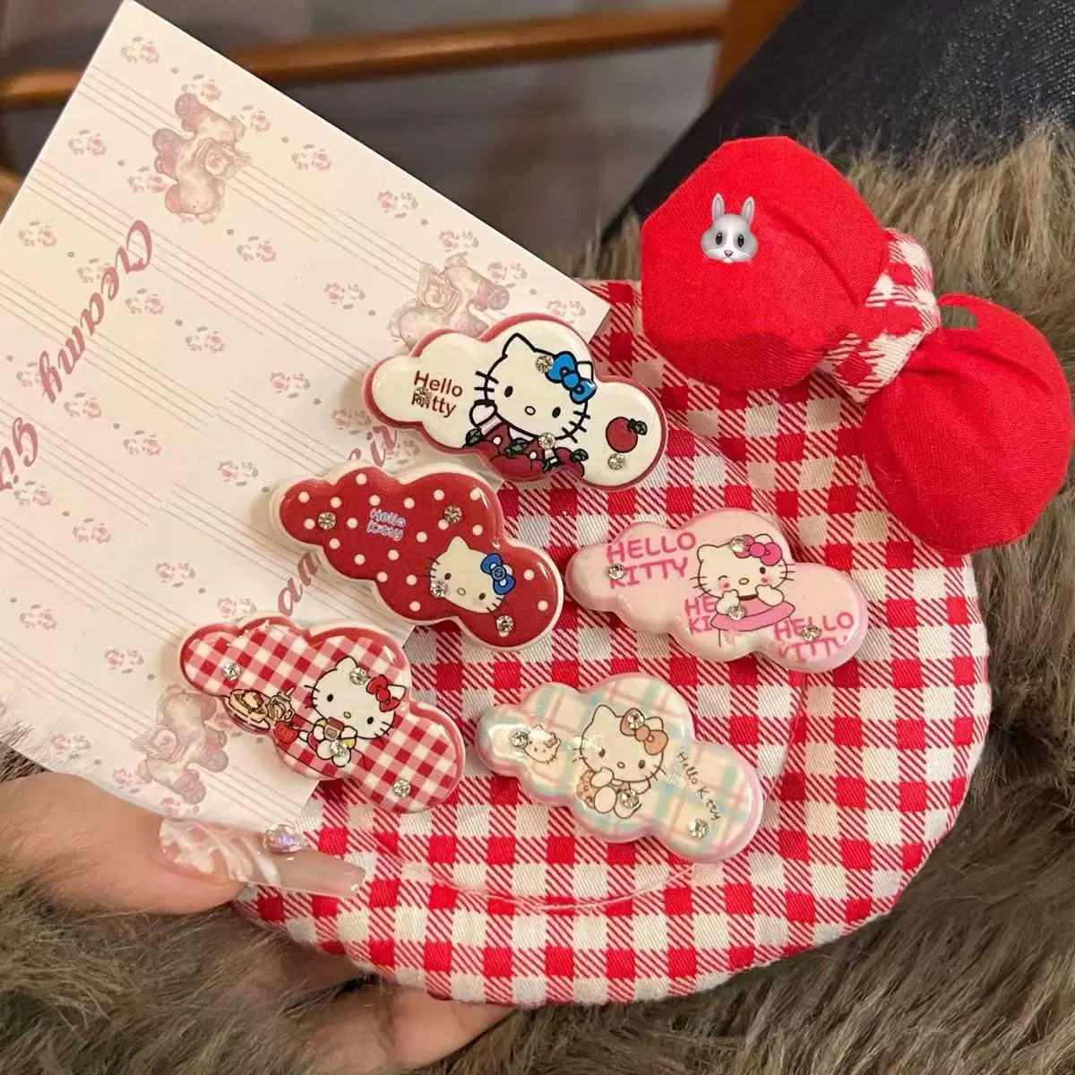 Набор аксессуаров для волос (Hello Kitty) — 10 штук милых японских мультяшных заколок, шпильки и резинки, розовый