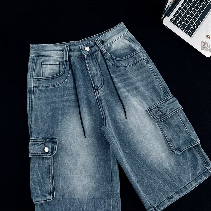 Summer Men's Plus Size Capri Jeans Loose Wide Leg Hip Hop Cargo Shorts Multi Pocket Chubby Pants_mkmklike.com
