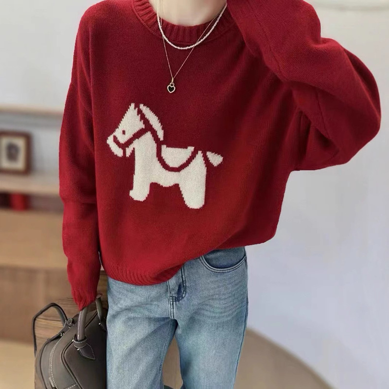 100% Wool New Year Red Cartoon Pony Embroidered Crewneck Sweater Western Style Age-Reducing Long Sleeve Pullover Base Shirt