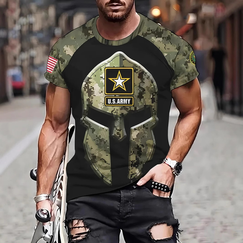 2025 Cross-Border Us Army 3D Digital Printing Men's T-Shirt Summer Casual Quick-Drying Mesh Short-Sleeved Sports Top