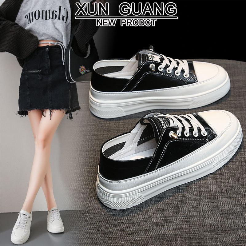 Genuine Leather White Shoes for Girls Spring 2025 Thin Versatile Flats-Soled One-Leg Two-Wear Sports and Leisure Sneakers Comfortable