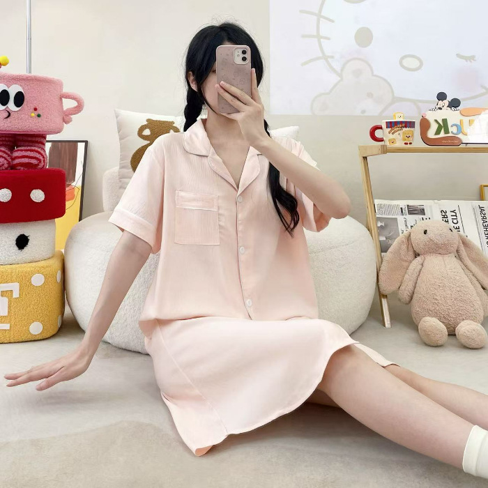 Nube de algodón vestido de pijama de mangas cortas de color sólido simple Cardigan relajado comercio exterior transfronterizo vestido grande se puede usar fuera