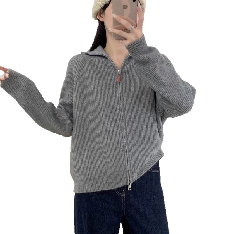双拉链毛衣外套女秋冬新款设计感翻领宽松加厚针织开衫外穿上衣女|undefined