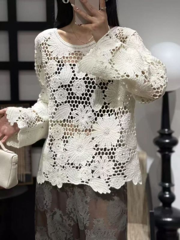 法式镂空钩花长袖防晒针织罩衫早秋款白色女装复古设计感外穿上衣|undefined