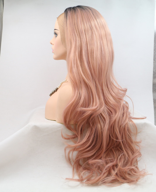 Peluca degradada rosa negra, encaje frontal de fibra química, cabello largo y rizado, encaje africano, cabello largo, capucha, peluca LW0278