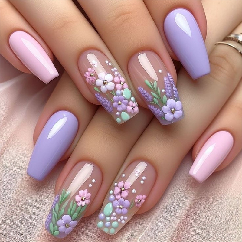 Cross-Border Flower Embossed Nail Patches 24 Pieces European and American Purple Manicure Nails Hot Selling Export Wearable Nails Cute