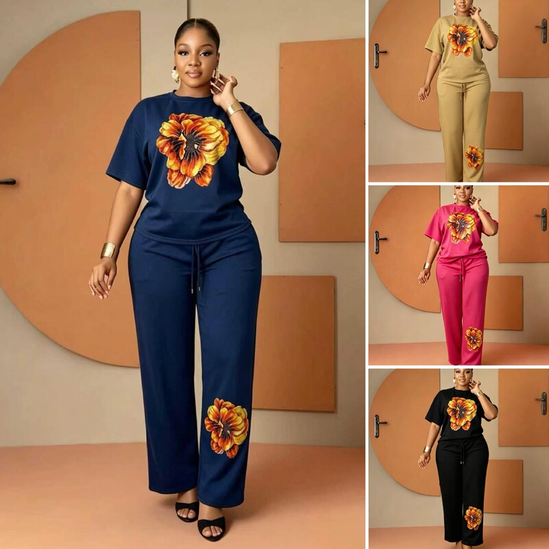 European and American plus-size women's casual two-piece set: round-neck short-sleeve top and straight-leg pants with rhinestone floral print European and American plus-size women's casual two-piece set: round-neck short-sleeve top and straight-leg pants with rhinestone floral print