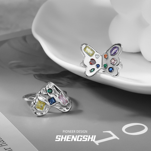 Korean version of niche colored diamond love butterfly ring for women niche high-end light luxury cool style non-fading adjustable ring