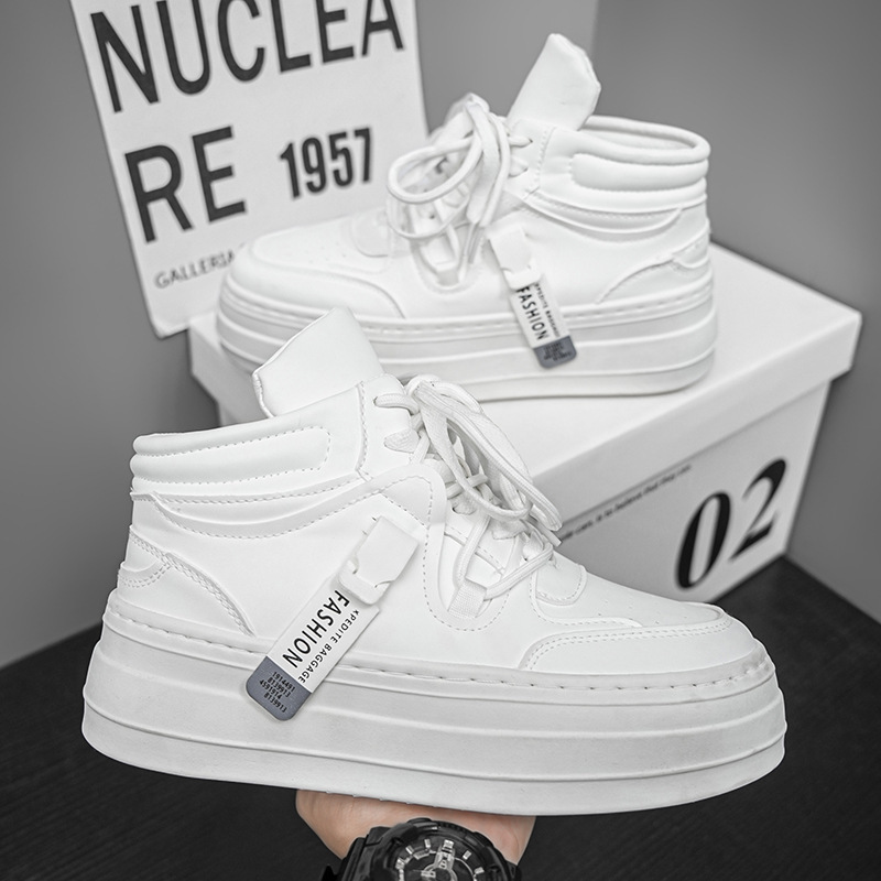 2025 Spring and Autumn New High-Top White Sneakers for Men, Thick-Soled Height-Increasing Board Shoes, Trendy White Sports Casual Shoes