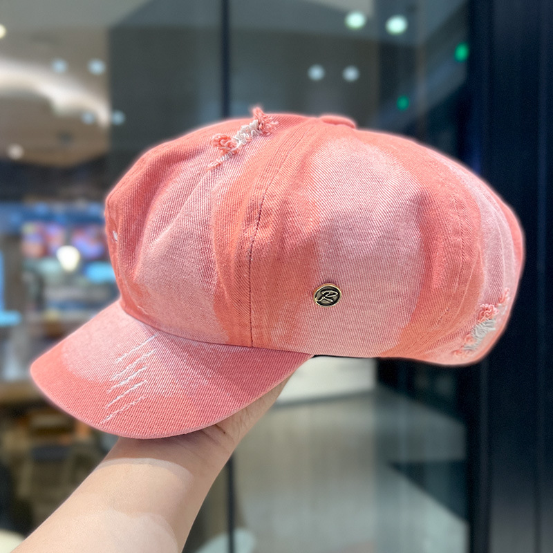 Retro lavado con agua vaquero sombrero de ocho ángulos para mujeres, boina de nube, agujero de moda, sombrero de lengua de pato