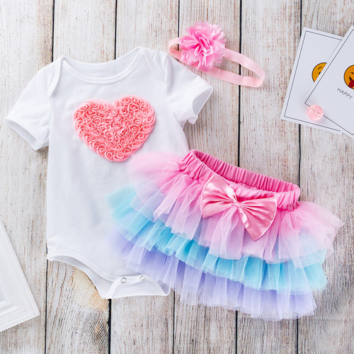 Factory Direct Sales Cross-Border Baby Clothing 0-2 Years Old Girls Birthday Festival Suit Short Sleeve Blouse Six-Layer Skirt Set