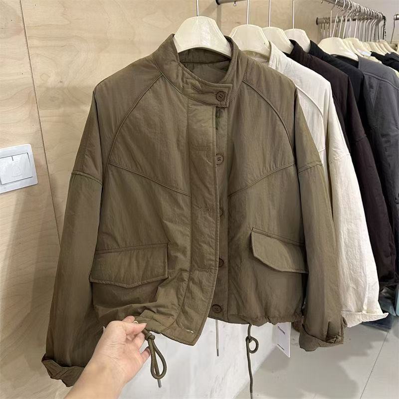 韩版时尚立领工装棉服女2025秋冬季轻薄款宽松单排扣夹棉棉衣外套|undefined
