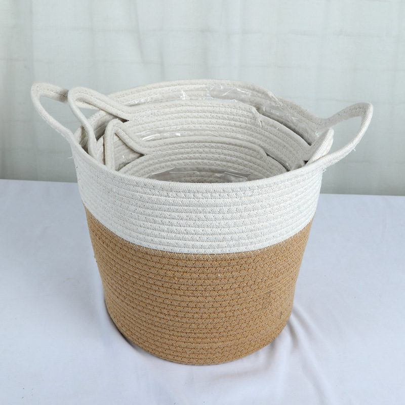 Cesta de almacenamiento de algodón transfronterizo Cesta de tejido gran decoración doméstica Cesta de almacenamiento de cuerda de algodón hecha a mano Cesta de cubierta de plantación verde Cesta de maceta