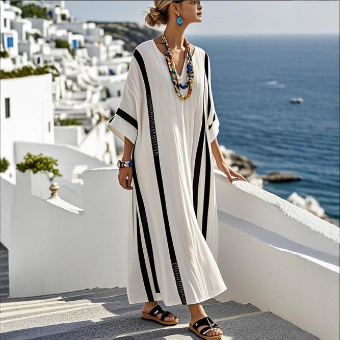 Cross-Border Amazon European and American Cross-Border 3D Digital Printing V Neck Stripesd Three-Quarter Sleeve Long Kaftan Dress
