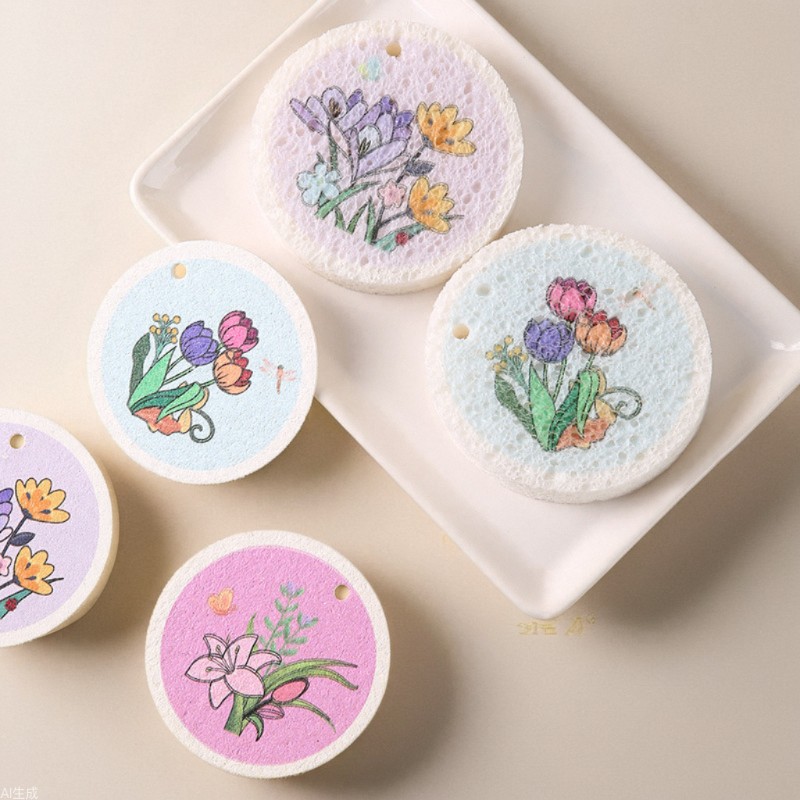 Round Compressed Wood Pulp Sponge Flower Wood Pulp Sponge Dishwashing Brush Pot Bowl Kitchen Cleaning Dishcloth Washcloth