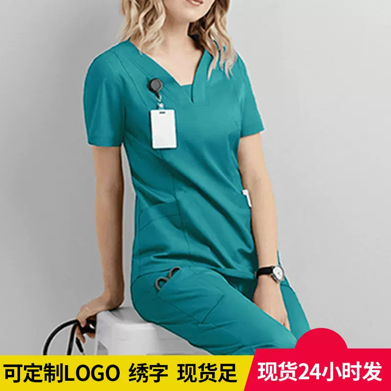 跨境v领护士服女款短袖分体套装牙科口腔弹力速干薄款工作服服装