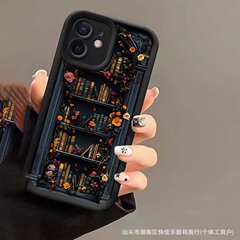 レトロな花柄の本棚型iPhone11/12/13/14/15/16ProMax、Apple 17Pro用スマホケース