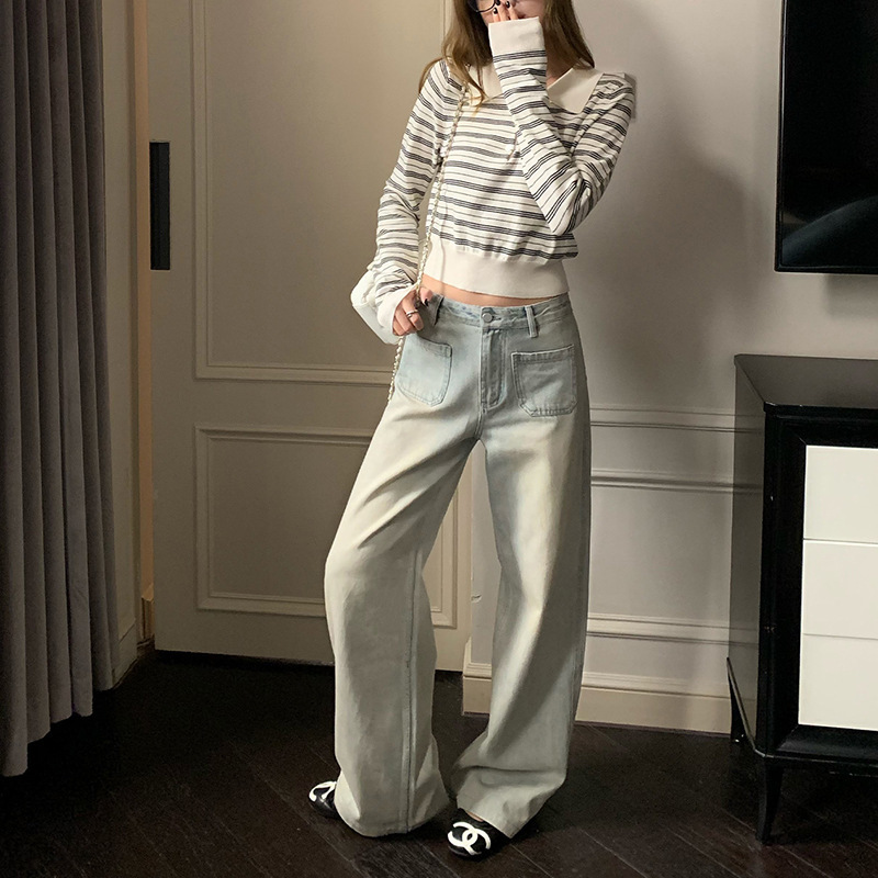 米白色条纹毛衣女polo领套头收腰针织长袖上衣|undefined