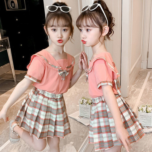 Summer Outfit for Girls 2024 New Fashion Trendy Influencer Children's Dress for Little Girls College Style Children's Two-Piece Dress Set