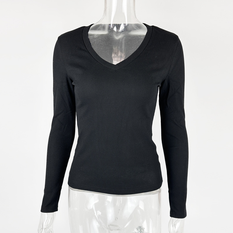 2024 otoño e invierno europeo y americano nuevo estilo transfronterizo de moda femenina de punto acanalado delgado con cuello en V manga larga tops de color sólido