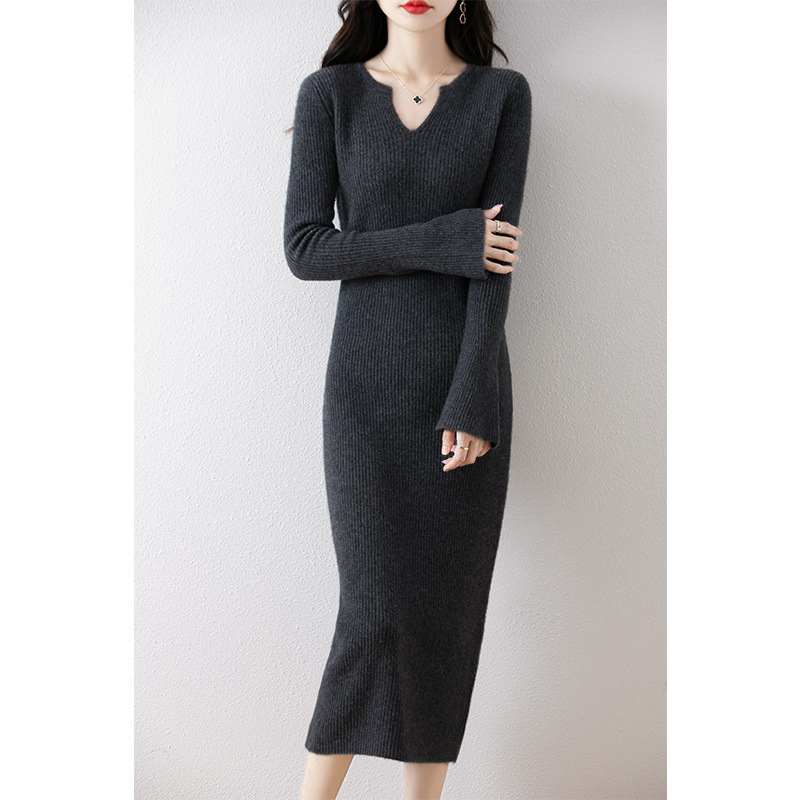 Autumn and Winter Half-open V-neck Pure Wool dress Horn Sleeve Slim-fit Base Knee-length Knitted Sweater Dress
