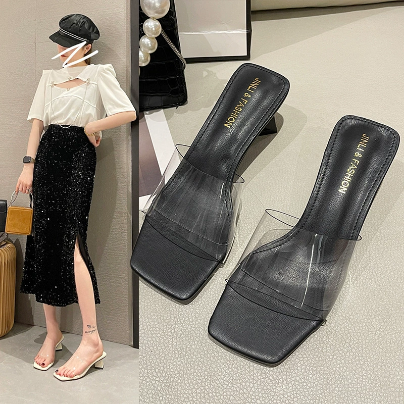 Высокие каблуки с открытым носком и высокими каблуками Прозрачные сандалии и тапочки на массивном каблуке с квадратным носком 2023 Летняя верхняя одежда в Корейском стиле Тапочки на высоком каблуке для женщин