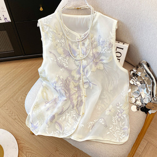 New Style Chinese Style Heavy Industry Embroidered Vest Women's Summer Fashion Round Neck Top Sleeveless Vest